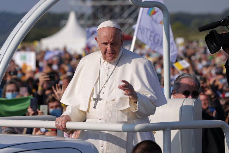Pope Francis rides his Pope mobile through a crowd of pilgrims before holding an open-air mass on September 15, 2021 in Sastin, Slovakia. Today's mass concludes an apostolic trip by the Pope to Central Europe from September 12 to 15.