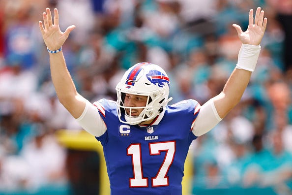 Josh Allen and the Bills will wear their blue uniform tops in Week 1. 
