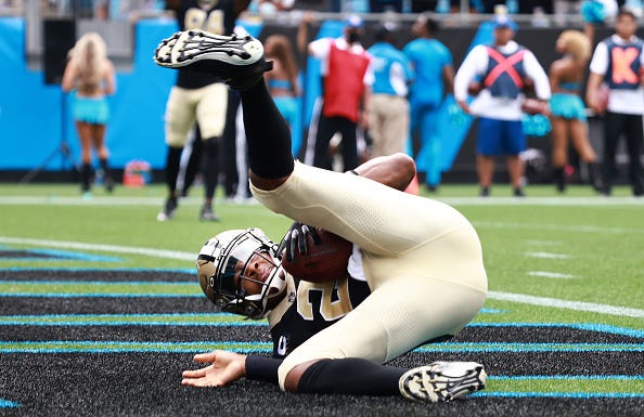Saints quarterback Jameis Winston on the ground