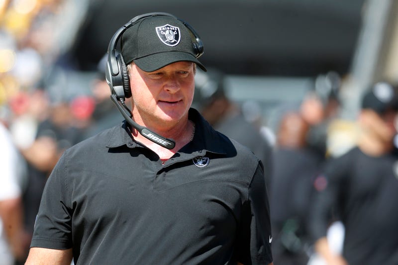 Former  Head coach Jon Gruden of the Las Vegas Raiders looks on in the game against the Pittsburgh Steelers at Heinz Field on September 19, 2021 in Pittsburgh, Pennsylvania.