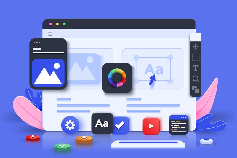 Web design, application design, coding, and web building on blue background