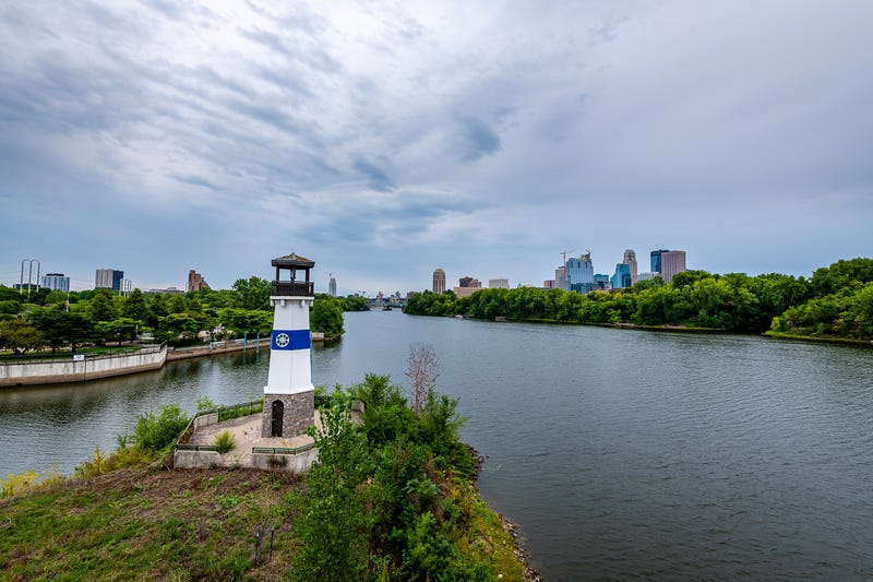 Boom Island Park (left) with Downtown Minneapolis in the background.