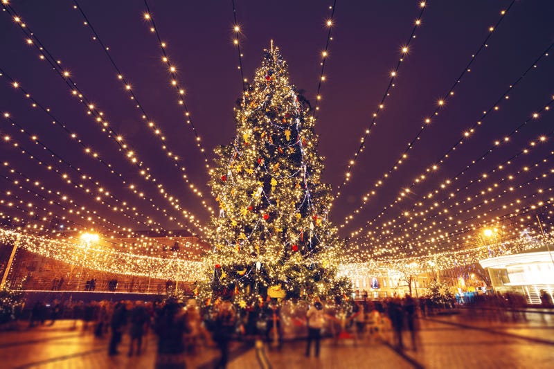 Christmas tree lit up at night