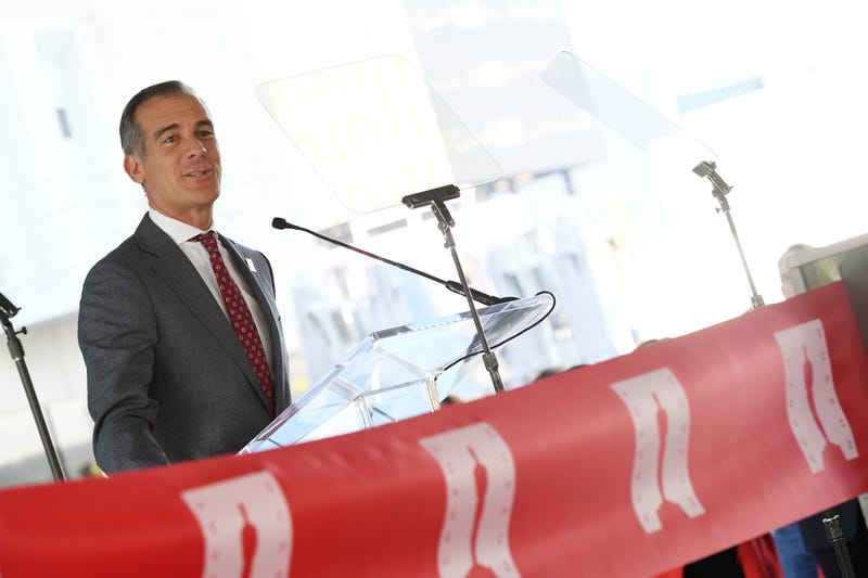 Los Angeles Mayor Eric Garcetti speaks during the Official Ribbon Cutting Of The Opening Of The Academy Museum Of Motion Pictures at Academy Museum of Motion Pictures on September 30, 2021 in Los Angeles, California.