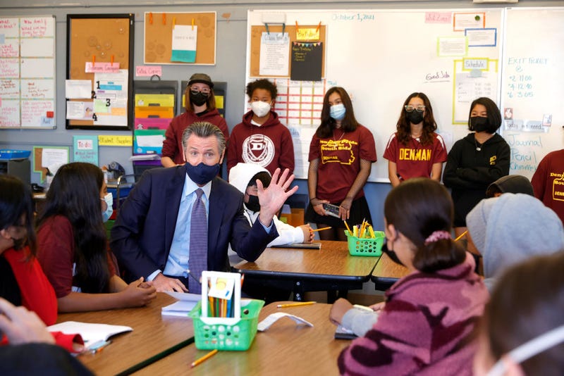 California Gov. Gavin Newsom talks with 7th grade students at James Denman Middle School on October 01, 2021 in San Francisco, California.