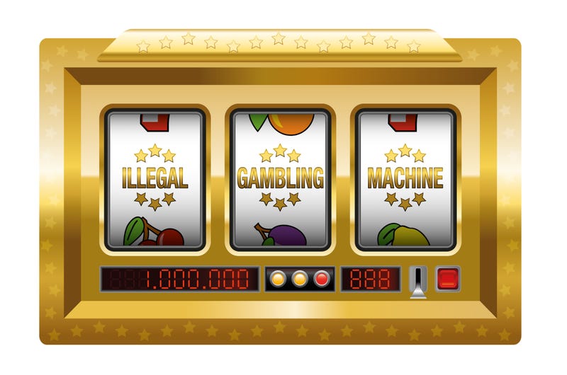 Illegal gambling machines - golden slot machine with three reels lettering ILLEGAL GAMBLING MACHINE. Isolated vector illustration on white background