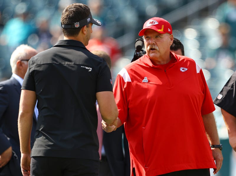 Head coach Nick Sirianni of the Philadelphia Eagles and head coach Andy Reid of the Kansas City Chiefs talk during pregame at Lincoln Financial Field on October 3, 2021 in Philadelphia, Pennsylvania.