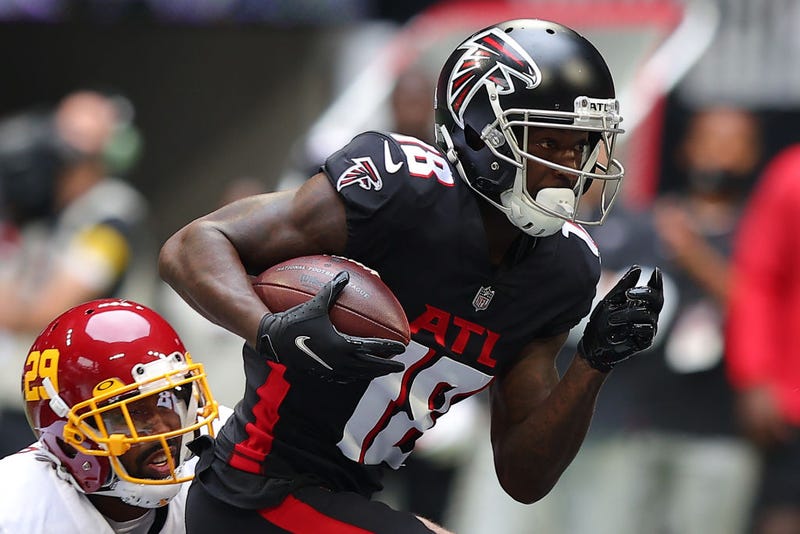 FILE - Calvin Ridley #18 of the Atlanta Falcons runs with the ball after the catch against Kendall Fuller #29 of the Washington Football Team in the first quarter at Mercedes-Benz Stadium on October 03, 2021 in Atlanta, Georgia. 