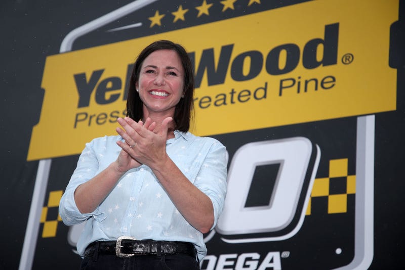 Alabama Republican Senate candidate and honorary starter, Katie Britt is introduced on stage during pre-race ceremonies prior to the NASCAR Cup Series YellaWood 500 at Talladega Superspeedway on October 03, 2021 in Talladega, Alabama. (Photo by Sean Gardner/Getty Images)