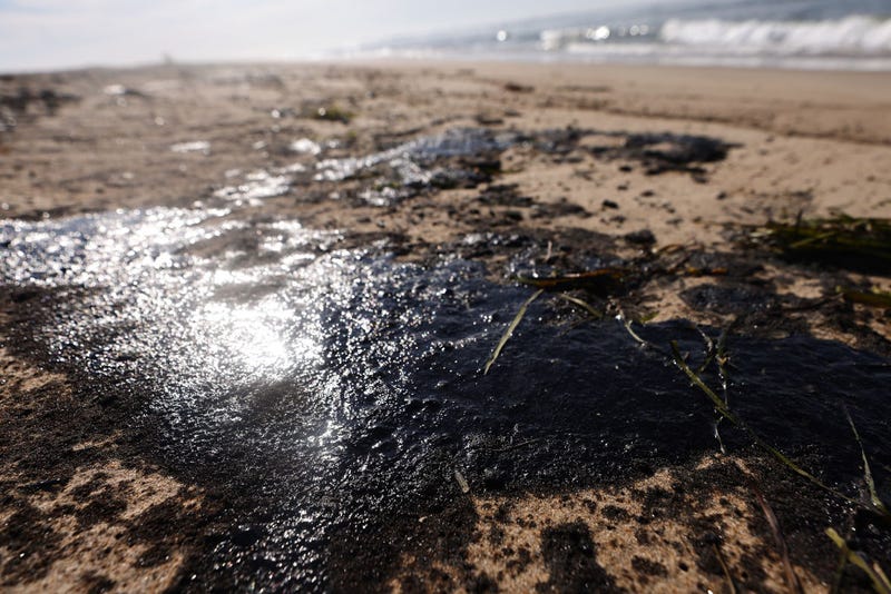 Oil is washed up on Huntington State Beach after a 126,000-gallon oil spill from an offshore oil platform on October 3, 2021 in Huntington Beach, California.