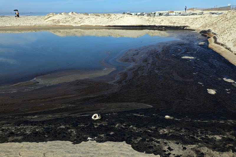 Oil and sea water collect in a tide pool after a 126,000-gallon oil spill from an offshore oil platform on October 3, 2021 in Newport Beach, California.