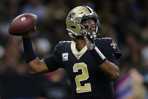 Jameis Winston models the Saints black uniform tops. 