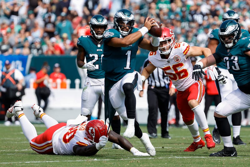 Jalen Hurts, #1 of the Philadelphia Eagles, looks to pass against the Kansas City Chiefs at Lincoln Financial Field on Oct. 3, 2021, in Philadelphia, Pennsylvania.