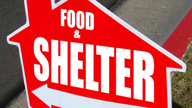 Red house sign which reads Food & Shelter
