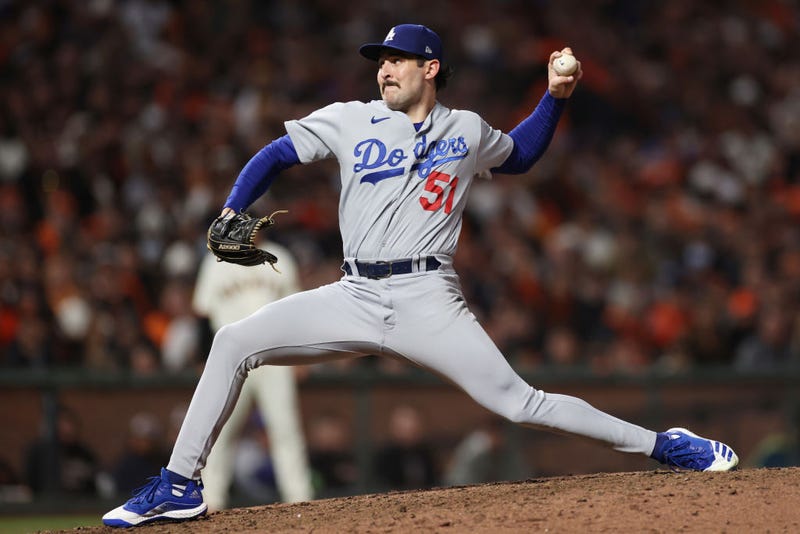 Alex Vesia #51 of the Los Angeles Dodgers delivers a pitch against the San Francisco Giants during the eighth inning of Game 1 of the National League Division Series..