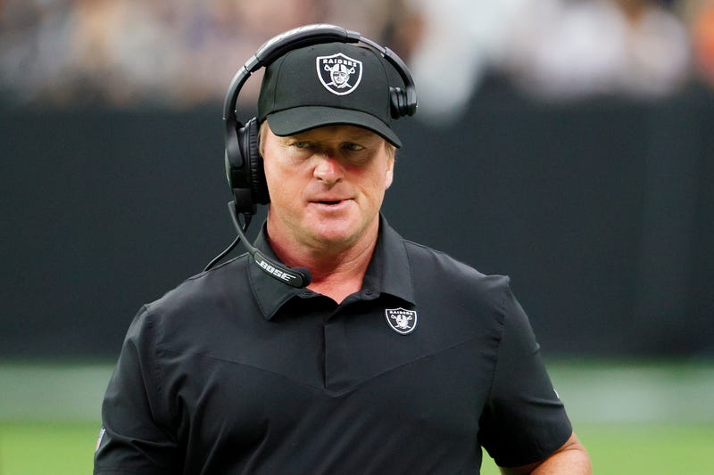 Head coach John Gruden of the Las Vegas Raiders reacts during the first half against the Chicago Bears at Allegiant Stadium on October 10, 2021 in Las Vegas, Nevada.