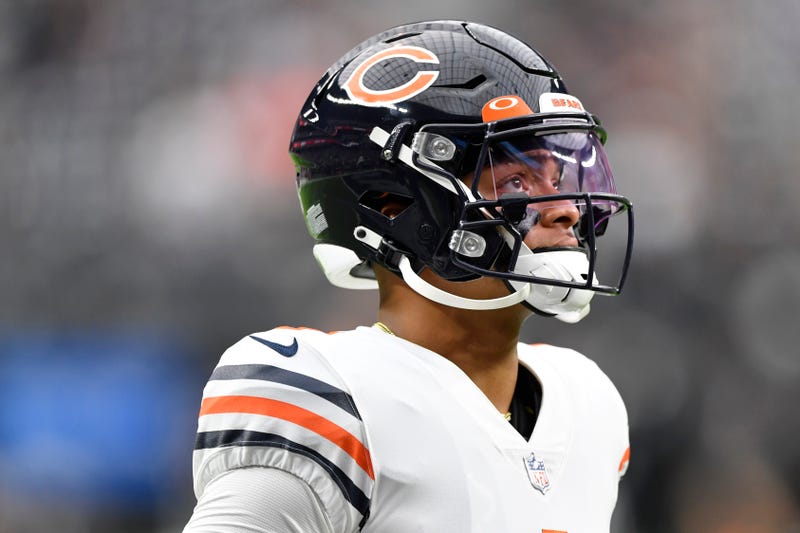 Quarterback Justin Fields #1 of the Chicago Bears looks on before a game against the Las Vegas Raiders at Allegiant Stadium on October 10, 2021 in Las Vegas, Nevada. The Bears defeated the Raiders 20-9.