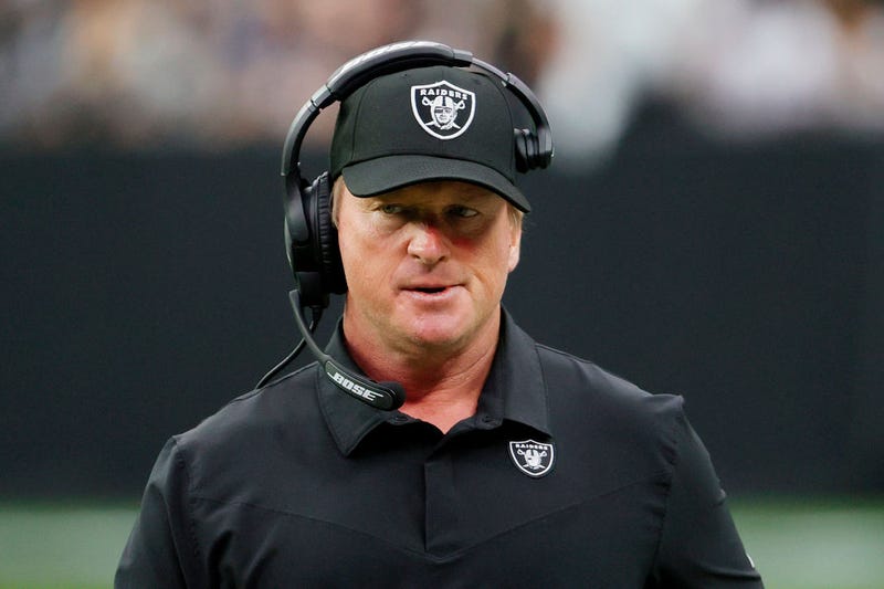 Head coach John Gruden of the Las Vegas Raiders reacts on the sideline during a game against the Chicago Bears at Allegiant Stadium on October 10, 2021 in Las Vegas, Nevada.