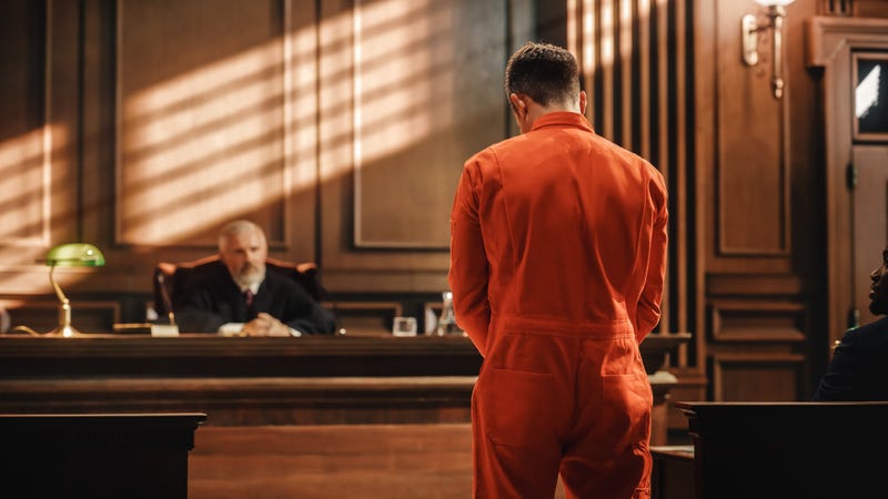 A defendant before a judge in a courtroom.