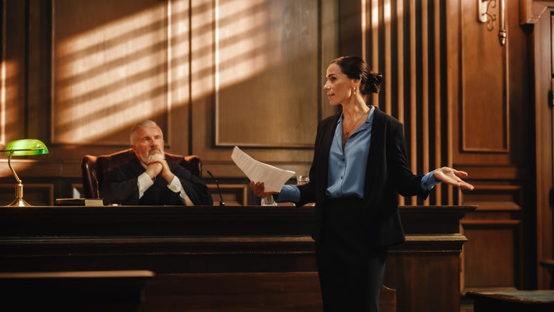 Court of Justice and Law Trial: Successful Female Prosecutor Presenting the Case, Making Passionate Speech to Judge, Jury. Attorney Lawyer Protecting Client with Closing Not Guilty Arguments. - stock photo