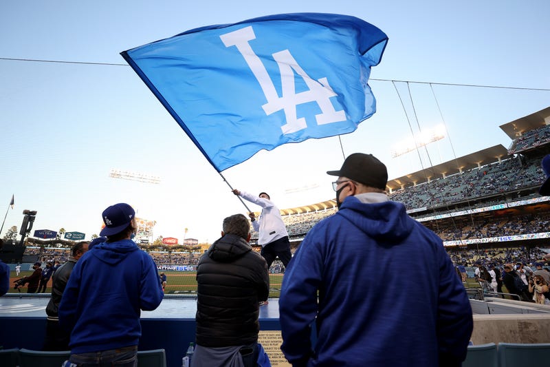 Fans look on during game 4 of the National League Division Series between the Los Angeles Dodgers and the San Francisco Giants at Dodger Stadium on October 12, 2021 in Los Angeles, California.