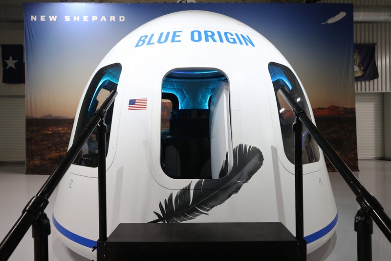 A full-size replica of Blue Origin's crew capsule is displayed before Blue Origin’s New Shepard lifts-off from the launch pad carrying 90-year-old Star Trek actor William Shatner and three other civilians on October 13, 2021 near Van Horn, Texas.