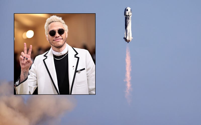Blue Origin’s New Shepard lifts off from the launch pad near Van Horn, Texas, in October. Inset: Pete Davidson