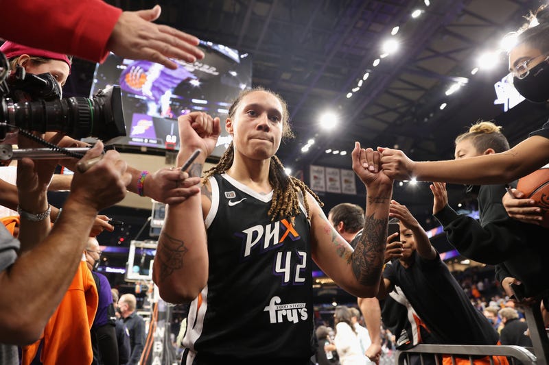 PHOENIX, ARIZONA - OCTOBER 13: Brittney Griner #42 of the Phoenix Mercury celebrates with fans following Game Two of the 2021 WNBA Finals at Footprint Center on October 13, 2021 in Phoenix, Arizona. The Mercury defeated the Sky 91-86 in overtime. NOTE TO USER: User expressly acknowledges and agrees that, by downloading and or using this photograph, User is consenting to the terms and conditions of the Getty Images License Agreement.