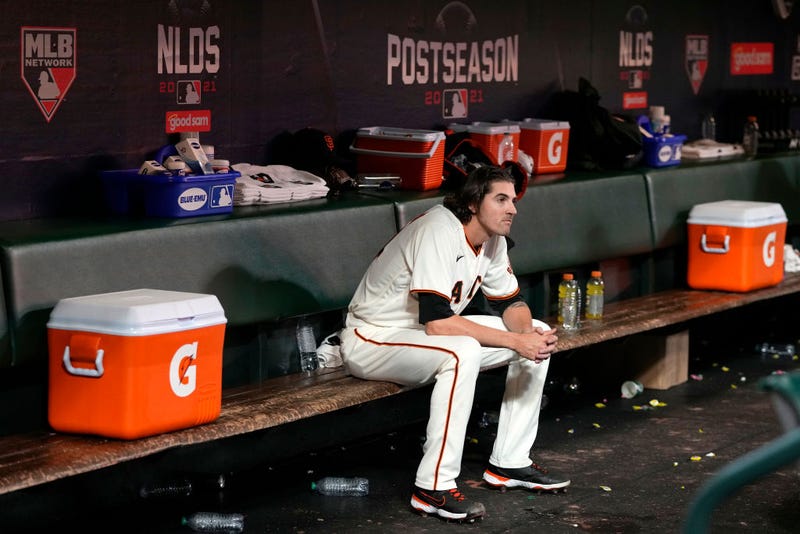 Kevin Gausman #34 of the San Francisco Giants reacts after losing to the Los Angeles Dodgers 2-1 in game 5 of the National League Division Series at Oracle Park on October 14, 2021 in San Francisco, California.