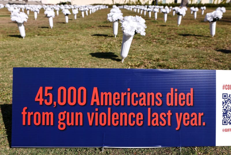 A sign reading '45,000 Americans died from gun violence last year' is posted at an art installation of flowers honoring the 3,200 California residents killed last year due to gun violence on October 19, 2021 in Los Angeles, California.