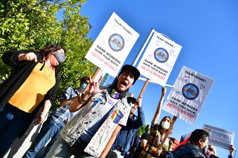 Trans employees and allies at Netflix walkout in protest of Dave Chappelle special on October 20, 2021 in Los Angeles, California.