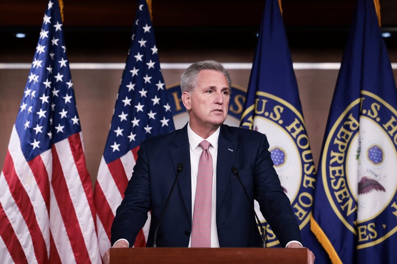 House Minority Leader Kevin McCarthy (R-Calif.) speaks at his weekly press conference at the U.S. Capitol Building on October 21, 2021.