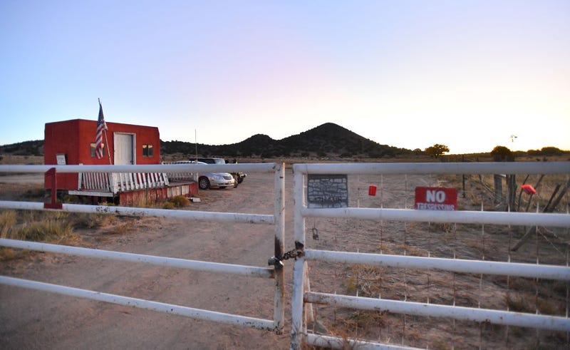 A general view shows a locked gate at the entrance to the Bonanza Creek Ranch near Santa Fe, New Mexico where the movie "Rust" was being filmed when Halyna Hutchins was killed on set after a gun held by Alec Baldwin went off.