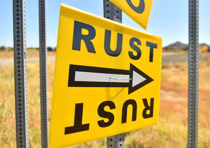 A sign directs people to the road that leads to the Bonanza Creek Ranch where the movie "Rust" is being filmed on October 22, 2021 in Santa Fe, New Mexico.