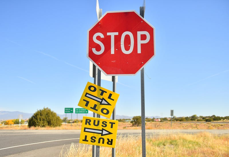 A sign directs people to the road that leads to the Bonanza Creek Ranch where the movie "Rust" is being filmed on October 22, 2021 in Santa Fe, New Mexico.