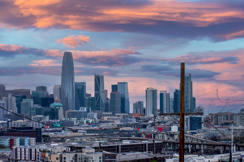 An image taken from Potrero Hill, looking towards Downtown San Francisco, California on a stormy day near sunset.