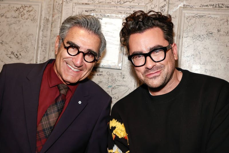  Eugene Levy and Dan Levy are seen during the "Best Wishes, Warmest Regards" book launch at The Beacon Theatre on October 25, 2021 in New York City. 