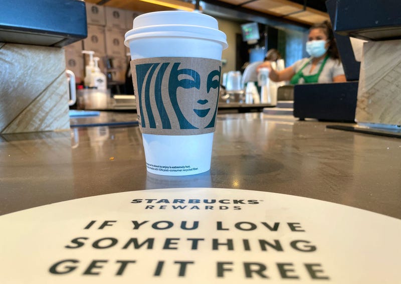 The Starbucks logo is displayed on a cup at a Starbucks store on October 29, 2021 in Marin City, California.