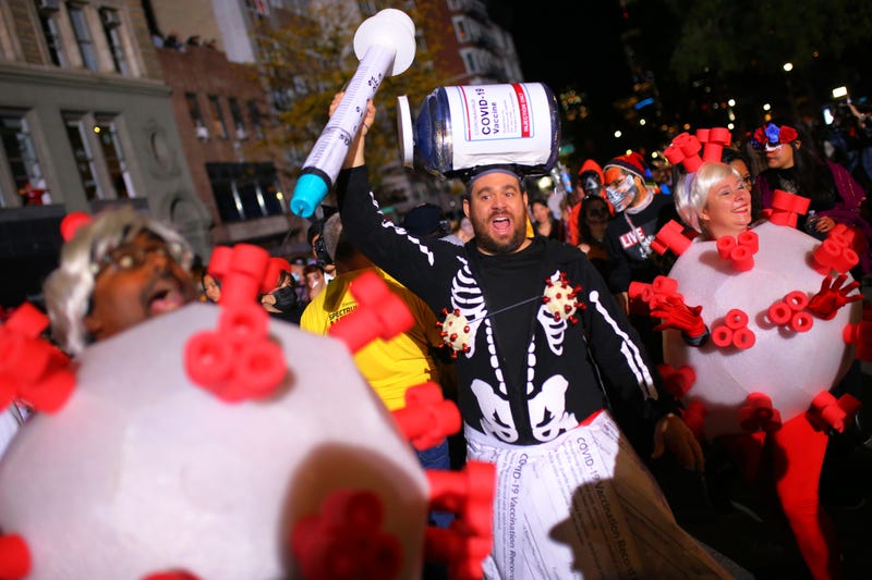 People participate in New York’s 48th Annual Village Halloween Parade in Greenwich Village on October 31, 2021 in New York City. The annual Halloween parade in Greenwich Village returned after being postponed last year due to the coronavirus (COVID-19) pandemic. 