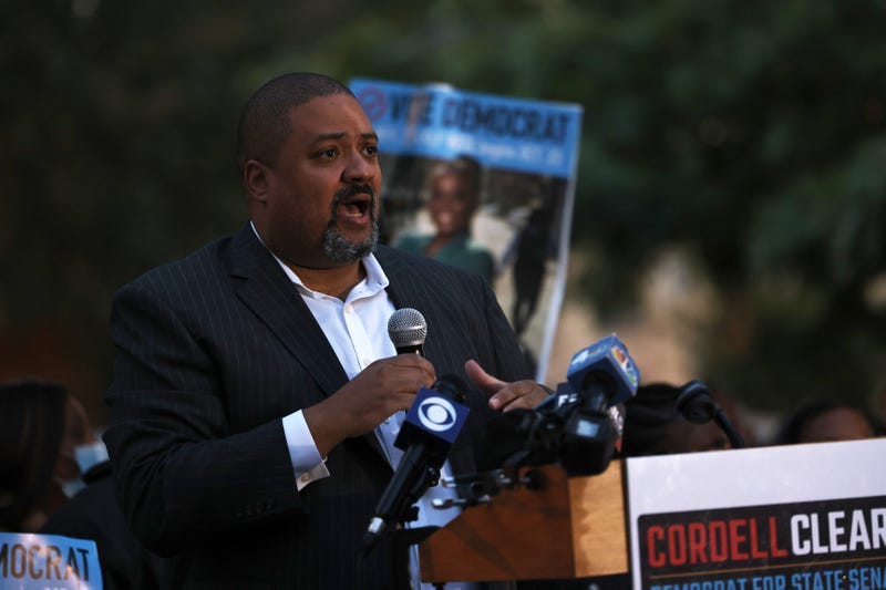 District attorney candidate Alvin Bragg speaks during a Get Out the Vote rally at A. Philip Randolph Square in Harlem on Nov. 1, 2021 in New York City. 