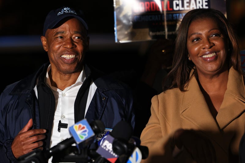 Then-mayoral candidate Eric Adams and Attorney General Letitia James in Harlem on Nov. 1, 2021