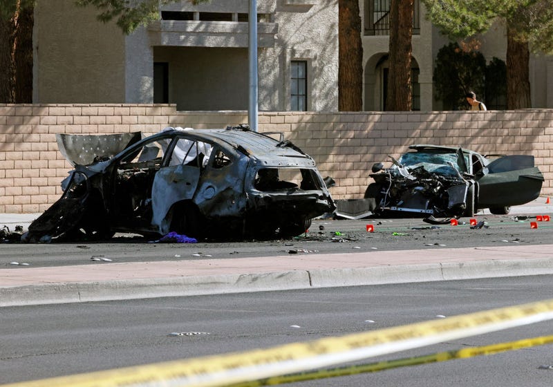A Toyota RAV4 at left and a Chevrolet Corvette that were involved in a fatal accident are shown on November 2, 2021 in Las Vegas, Nevada.
