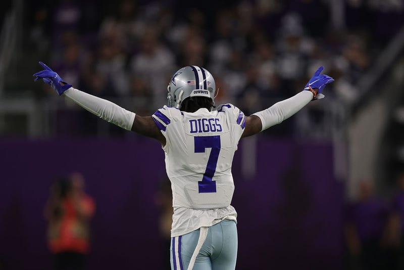 Trevon Diggs #7 of the Dallas Cowboys reacts to a defensive stop during a game against the Minnesota Vikings at U.S. Bank Stadium on October 31, 2021 in Minneapolis, Minnesota.