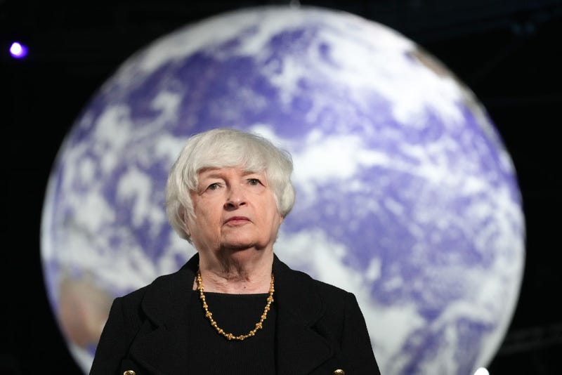 US Treasury Secretary Janet Yellen takes part in a CNN television interview in the Action Zone at COP26 on November 03, 2021 in Glasgow, Scotland.