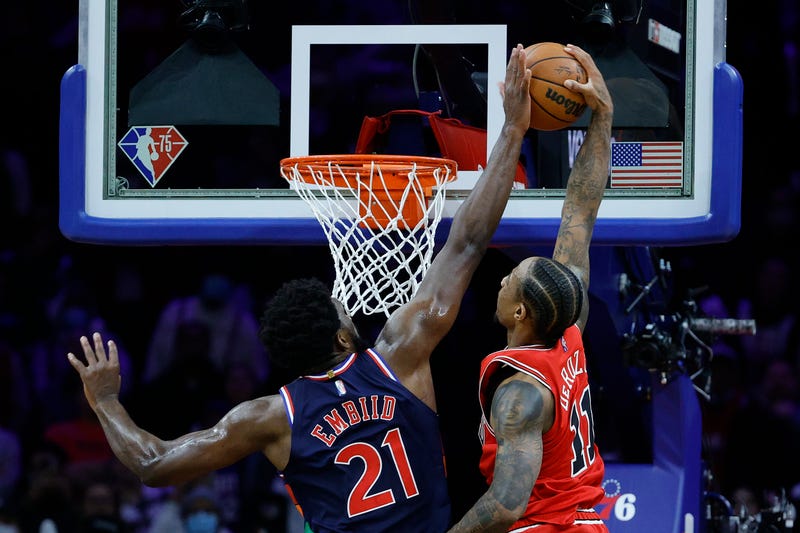 Joel Embiid #21 of the Philadelphia 76ers blocks DeMar DeRozan #11 of the Chicago Bulls during the fourth quarter at Wells Fargo Center on November 03, 2021 in Philadelphia, Pennsylvania.