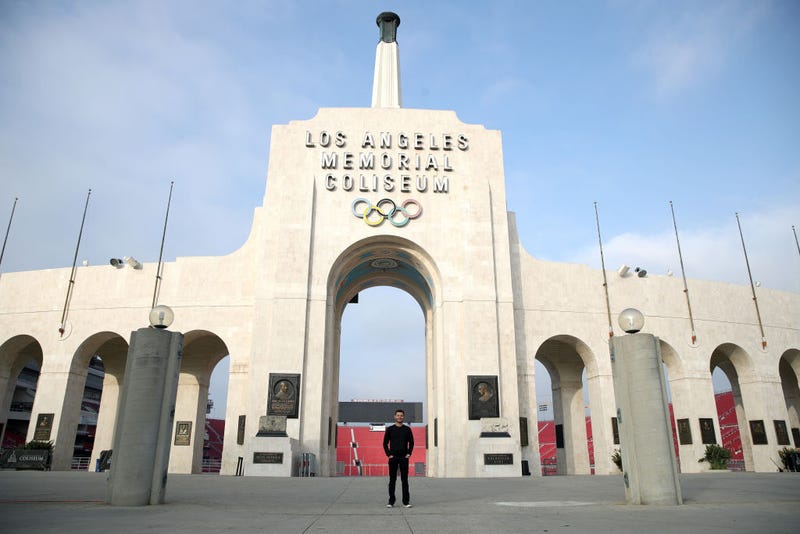 The 2021 NASCAR Cup Series championship driver, Kyle Larson poses for photos at the Los Angeles Memorial Coliseum on November 09, 2021.