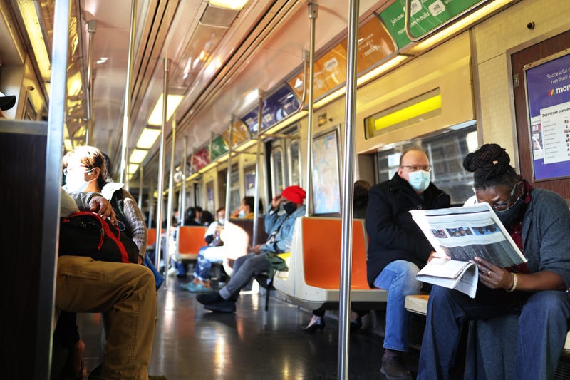 People ride the Q train on November 09, 2021 in New York City