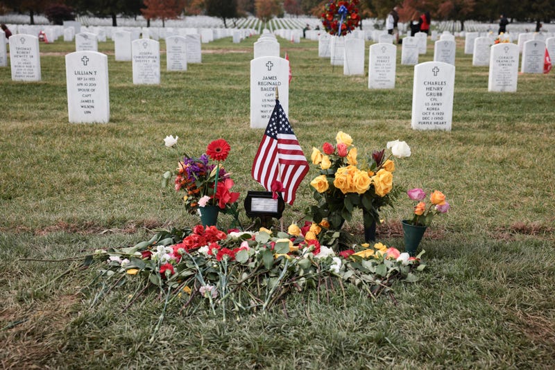 Flowers are placed at the burial site of former Secretary of State Colin Powell in Arlington National Cemetery on Veterans Day, November 11, 2021 in Arlington, Virginia.