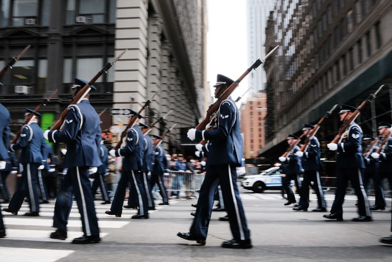 : Military, police, high school bands and others march in the Veterans Day Parade on November 11, 2021 in New York City.