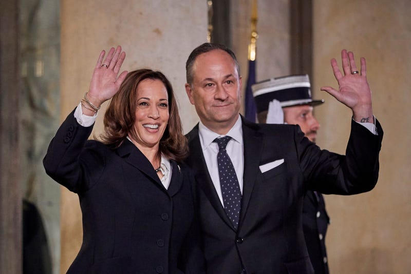 FILE - U.S. Vice President Kamala Harris and her husband, First Gentleman Douglas Emhoff, arrive at the Elysee Palace for the inaugural dinner on the first day of the Paris Peace Forum on Nov. 11, 2021 in Paris, France. 
